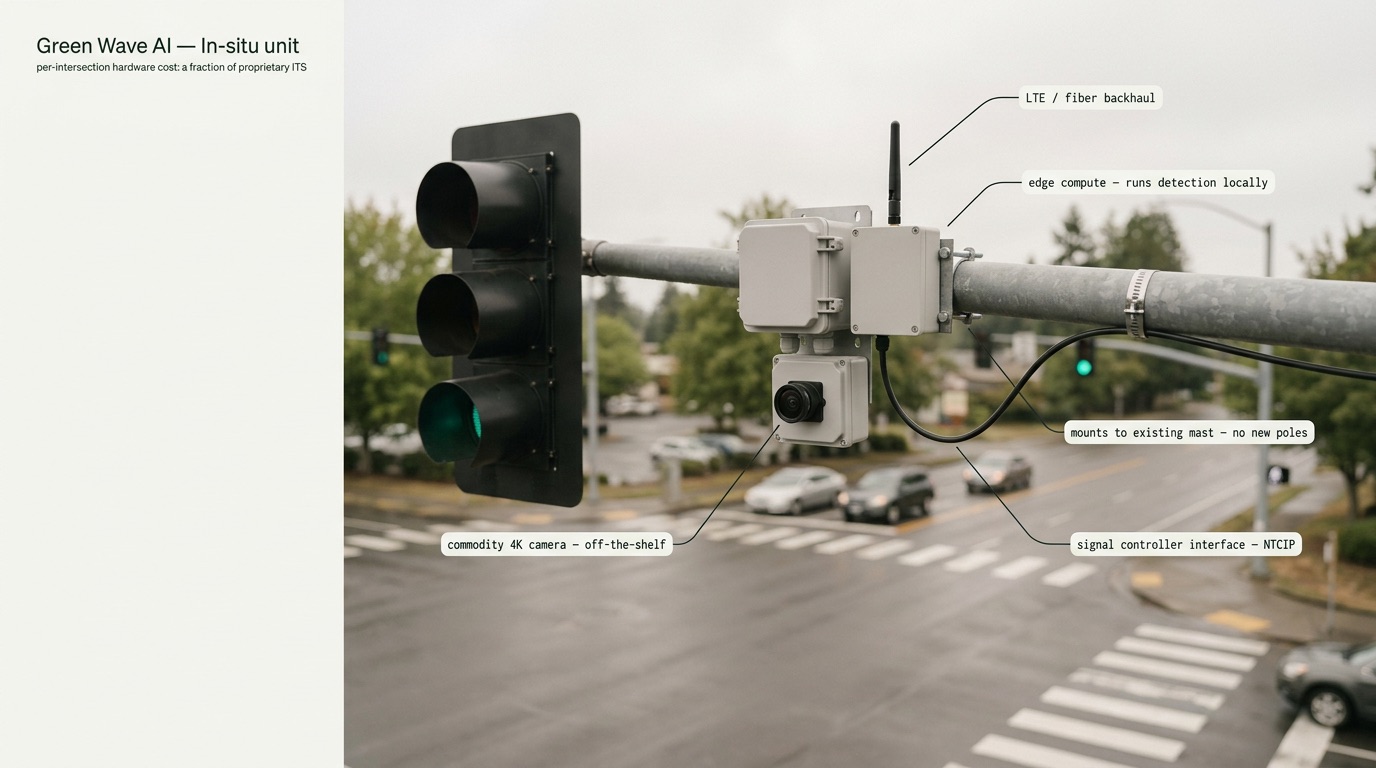 In-situ field unit: an off-the-shelf 4K camera and edge-compute enclosure mounted to an existing traffic-signal mast arm, with annotated parts.