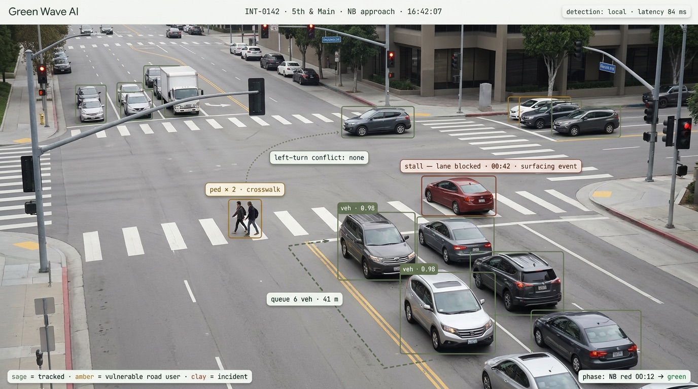 AI vision view from the unit: calm detection overlays tracking vehicles, pedestrians in the crosswalk, a measured queue, and a flagged stalled car.