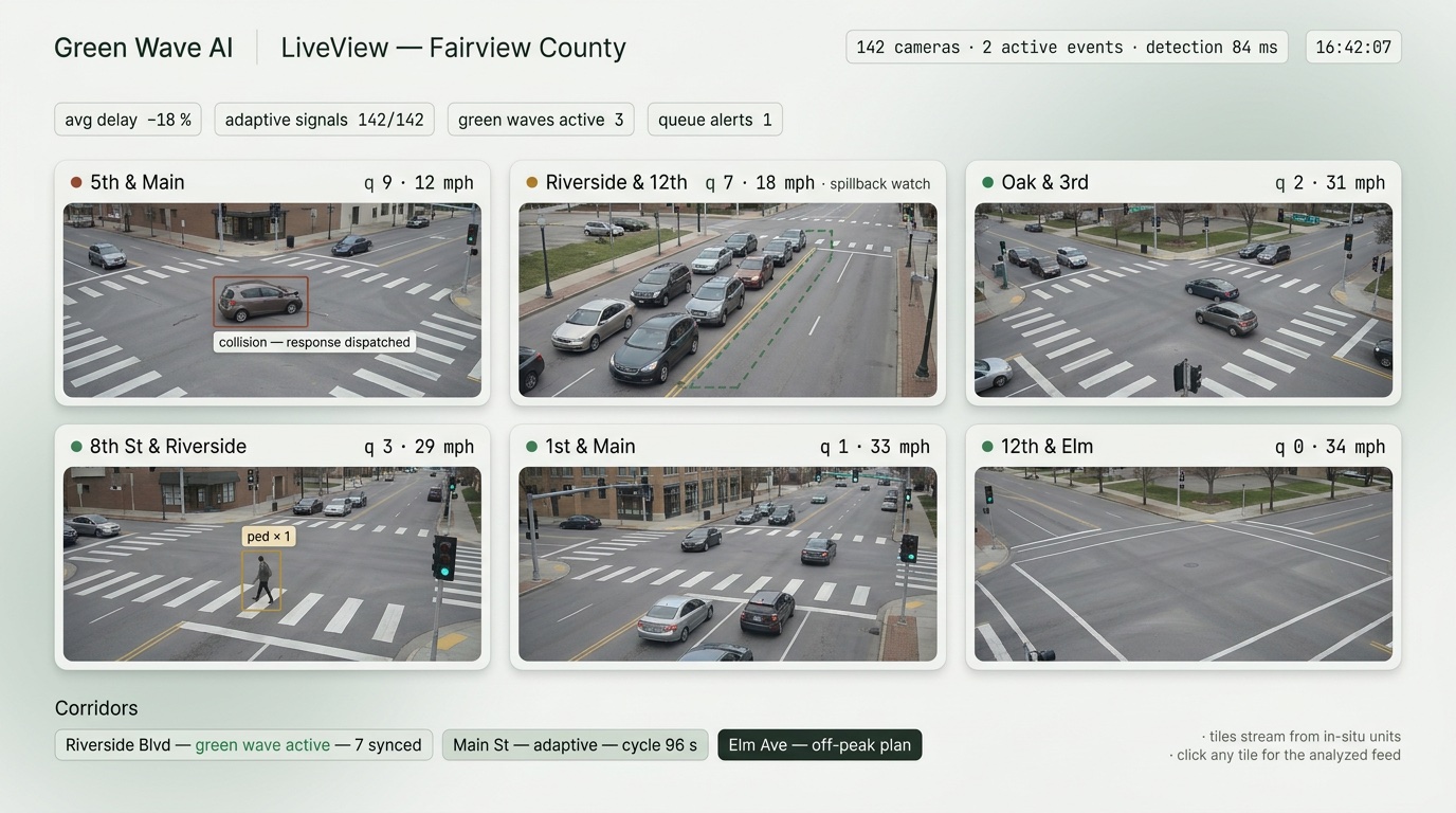 LiveView dashboard: a calm grid of six annotated live camera tiles across the county's intersections with status dots and live queue and speed readouts, network KPIs above and corridor status chips below.