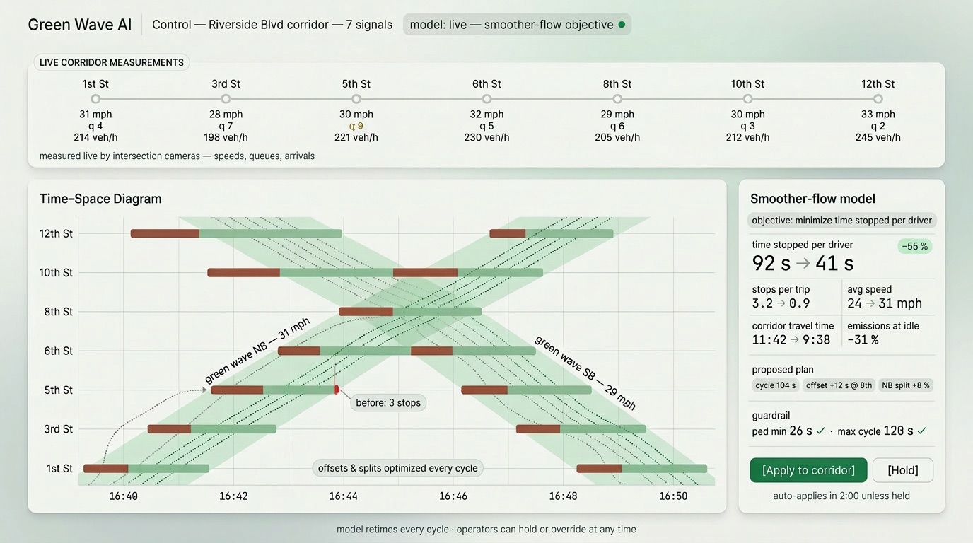 Corridor signal control view: live measured speeds and queues along seven intersections, a time–space diagram with green-wave progression bands, and a smoother-flow optimizer showing time stopped per driver falling from 92 to 41 seconds.